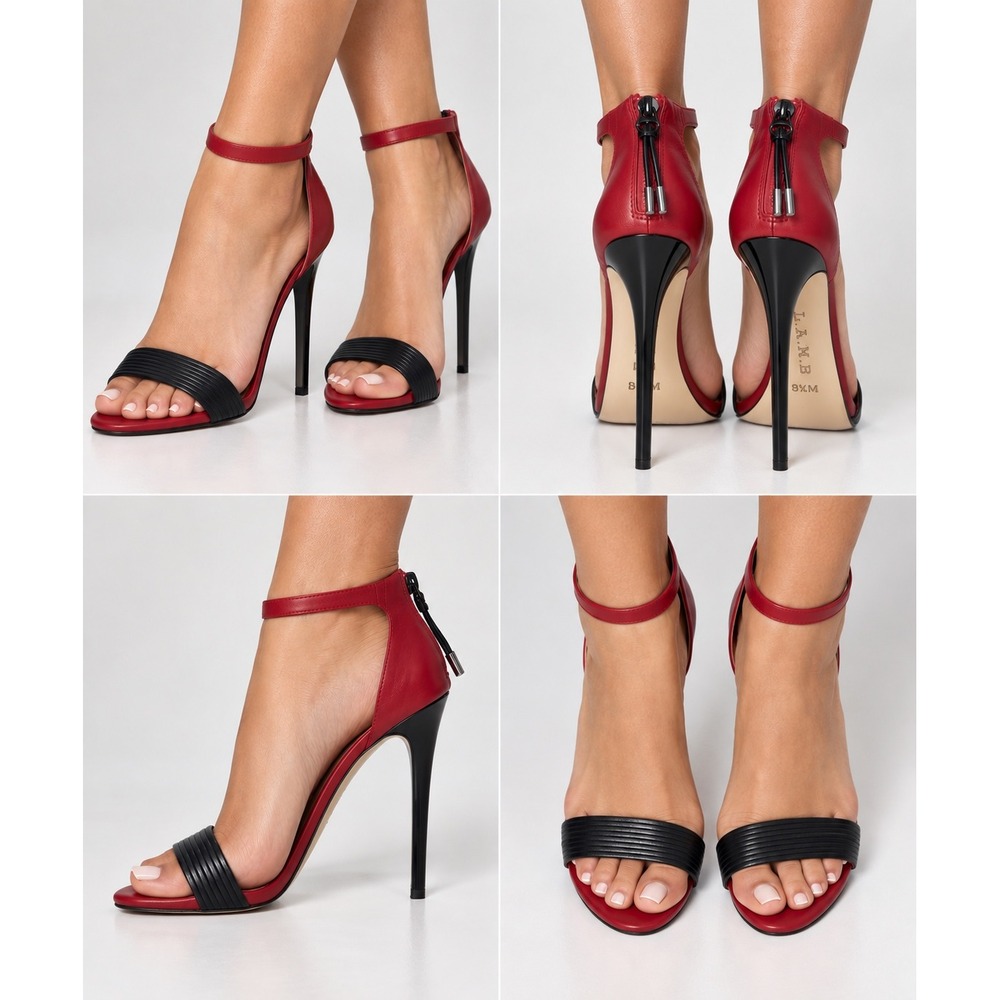 L.A.M.B. Red Leather Black Pleated Toe Strap Stiletto Heel Sandals 8.5M